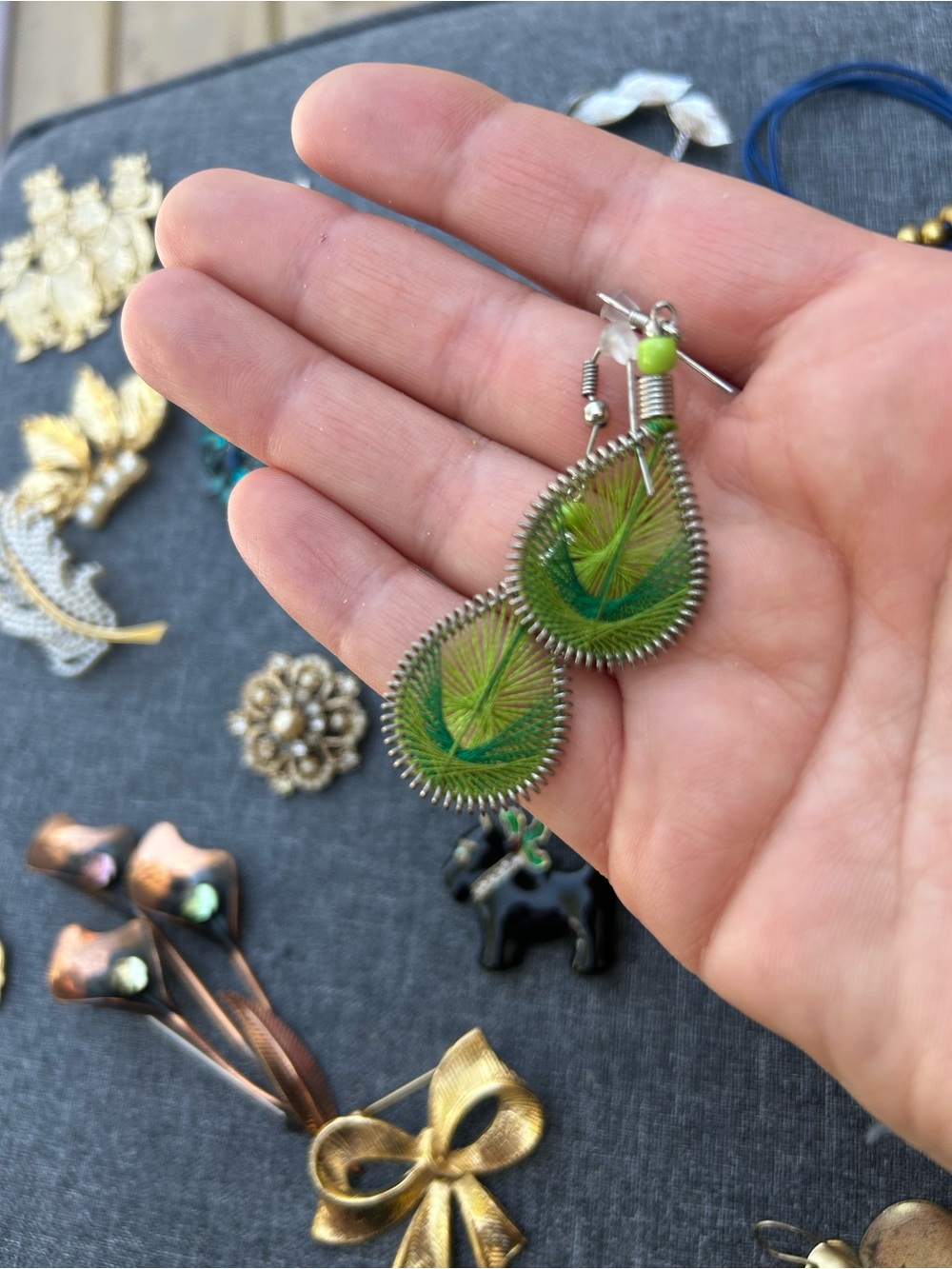 Handcrafted Green Teardrop Wire Thread Earrings - Unbranded